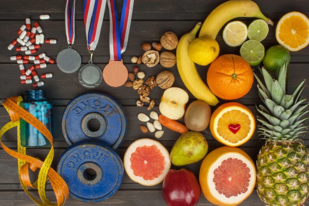 Metals, weights, supplements and healthy foods.