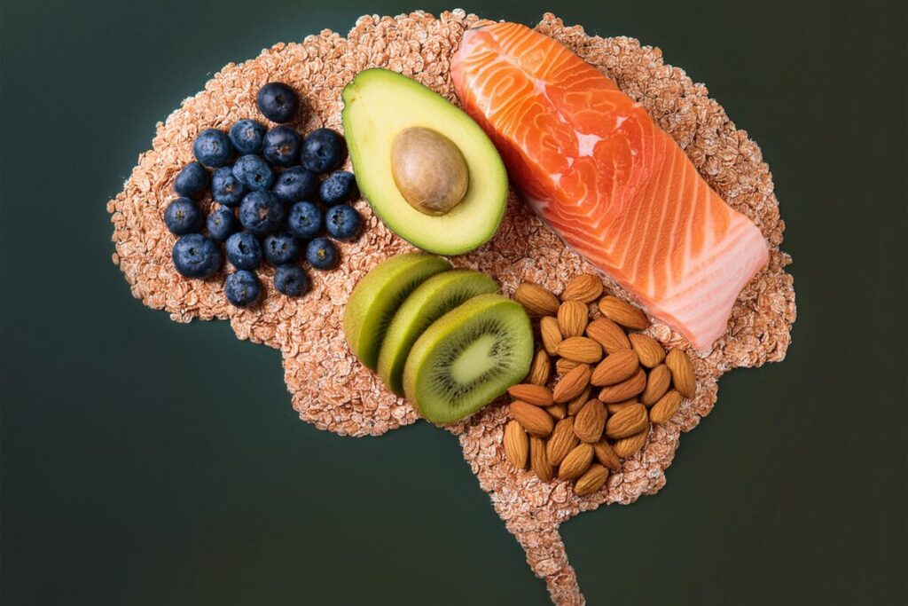Healthy foods in the shape of a brain. What you eat, effects your mood & mental state.