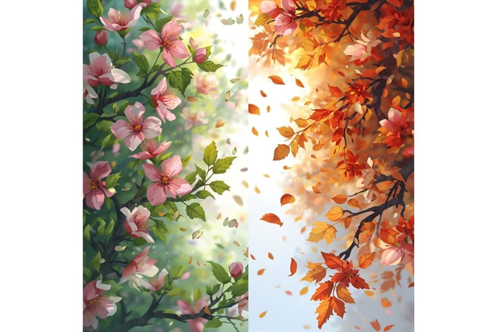 Spring blossoms on the left, fall leaves on the right.