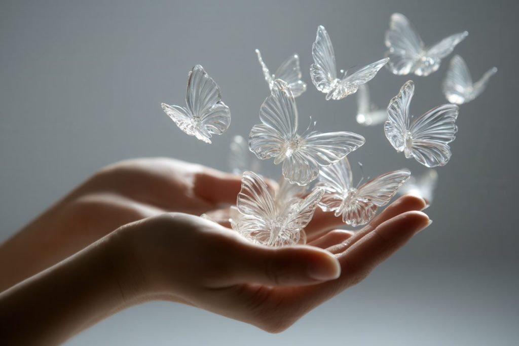 A pairs of hands holding "glass' butterflies, letting them be free.