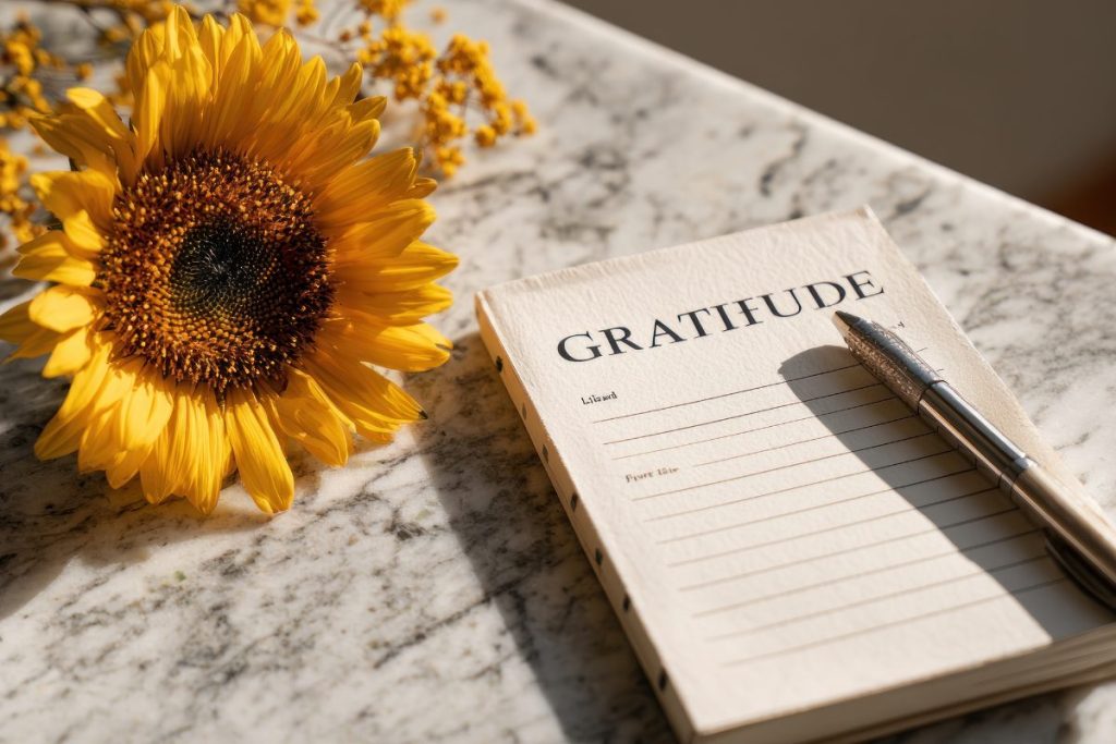 Sunflower laying next to a journal that says "Gratitude"