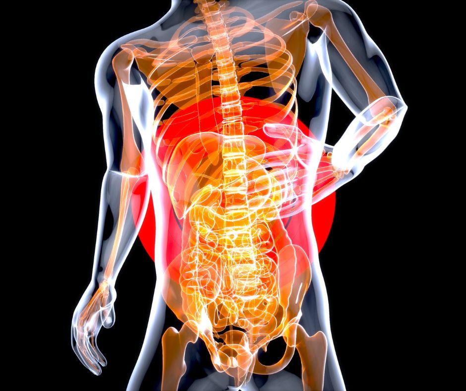 Body scan/xray showing pain and inflammation in the abdomen area. 